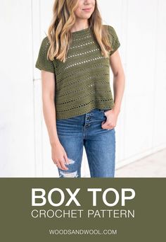 a woman wearing a crochet top with the words box top written below it