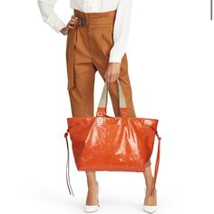 - New With Tags - Tangerine - Leather - Canvas Interior Orange Shoulder Bag With Dust Bag Included, Chic Orange Bags With Leather Handles, Chic Orange Leather Bags, Chic Orange Shoulder Bag For Shopping, Extra Large Tote Bags, Isabel Marant Shoes, Printed Canvas Tote Bag, Denim Shoulder Bags, Suede Tote