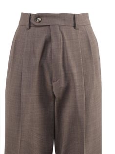 Composition: 97% Virgin Wool, 3% Elastane Brown Pressed Crease Office Bottoms, Classic Wide Leg Dress Pants With Button Closure, Classic Brown Wide Leg Workwear Pants, Classic Semi-formal Bottoms With Button Closure, Classic Brown Wide Leg Pants For Office, Classic Brown Wide Leg Office Pants, Classic Brown Wide Leg Pants For Work, Formal Brown Wide Leg Pants With Belt Loops, Classic Brown Tapered Leg Bottoms