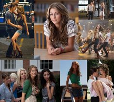 several different pictures of people dancing and posing for the same picture, including one woman with her legs spread out