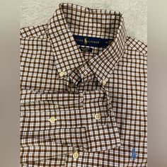 Nwot Polo Ralph Lauren 100% Cotton Stretch Long Sleeve Shirt Button Down Plaid M Brown Long Sleeve Shirt With Buttons, Classic Brown Tops With Button Closure, Casual Brown Tops With Button Cuffs, Brown Button-up Tops With Placket, Classic Brown Tops With Button Cuffs, Brown Workwear Shirt With Button Closure, Brown Shirt With Button Closure For Work, Brown Button-up Shirt With Button Cuffs, Brown Cotton Shirt With Button Cuffs