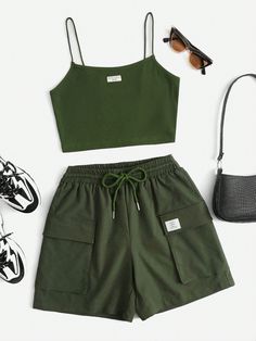 Dark Green Casual Collar   Letter  Embellished Slight Stretch  Women Clothing Shores Juveniles, Baggy Green Casual Shorts, Casual Green High-waisted Cargo Shorts, Shorts Verde, Short Verde Militar, Long Sleeve Denim Jacket, Girls Fall Outfits, Korean Fashion Dress, Cropped Cami