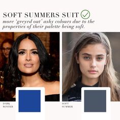 Dark Winter VS Soft Summer comparison. When seasons share the same temperature they can share some similarities. However, what are the differences? . #coloranalysis #colouranalysis #softsummer #darkwinter #coloranalyst #salmahayek Season Analysis, Seasonal Color Analysis, Color Season, Summer Suits, Salma Hayek, Fashion Colours