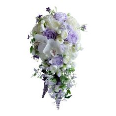 a bridal bouquet with purple and white flowers on it's side, in front of a white background