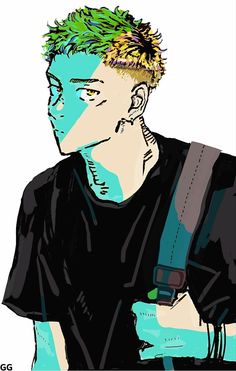 a drawing of a man with green hair wearing a black t - shirt and blue jeans