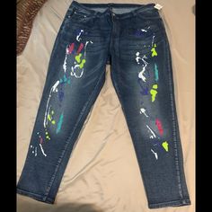 Paint Splatter High-Waist Jean Size: 3x 26 Casual Spring Pants With Paint Splatter, Spring Straight Leg Bottoms With Paint Splatter, Multicolor Paint Splatter Bottoms For Spring, Spring Multicolor Paint Splatter Bottoms, Highwaist Jean, Jean Color, Embellished Jeans, High Rise Mom Jeans, Ashley Stewart