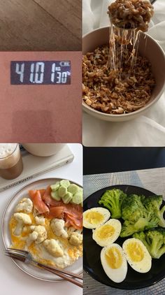 there are four pictures with different food items in the same photo, including eggs, broccoli, and rice