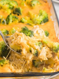 a casserole dish with broccoli and cheese being scooped from the casserole