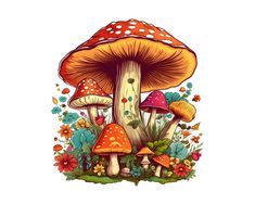 a group of mushrooms sitting on top of a lush green forest filled with lots of flowers