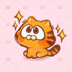 a cartoon cat with stars around it's eyes on a pink wallpaper background