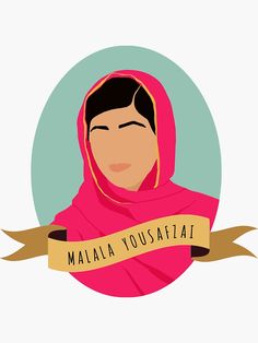 a woman wearing a pink scarf with a ribbon around her neck that says, miala yousafata