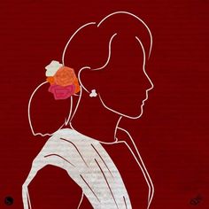 a drawing of a woman with a flower in her hair, against a red background