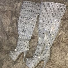 Never Been Worn In The Box Size 7 Absolutely Gorgeous! Disco Mirror, Boots Silver, Heel Boots, High Heel Boots, Thigh High, Shoes Heels Boots, Thigh Highs, High Heel, Shoes Women Heels