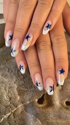 Nail Art Designs Stars, Blue French Tips With Stars, Easy Gel X Nail Designs, Blue Star Nails Acrylic, Country Music Festival Nails, Almond Nails Dark Blue, Cool Nail Inspo 2024 Summer, Simple Nail Ideas For Summer, Navy Blue Star Nails