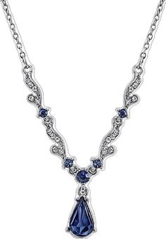 Downton Abbey Silver Tone Blue Crystal Necklace-17508 - Blanche's Place Elegant Blue Crystal Necklace, Elegant Blue Crystal Rhinestone Necklace, Elegant Blue Rhinestone Necklace With Sparkling Stones, Elegant Blue Rhinestone Necklace For Formal Occasions, Elegant Blue Teardrop Crystal Necklace, Sapphire Teardrop Crystal Necklace, Sapphire Crystal Teardrop Necklace, Blue Crystal Necklace, Clear Crystals