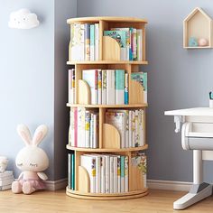 there is a book shelf with many books on it in the corner next to a desk