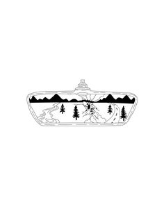 a black and white drawing of a boat with trees on the water in front of mountains