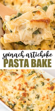 spinach artichoke pasta bake in a casserole dish