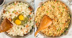 two pans filled with rice, peas and eggs