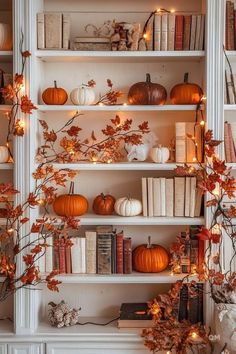 a white book shelf filled with lots of books and pumpkins