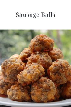 sausage balls stacked on top of each other on a white plate in front of trees