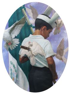 a painting of a sailor with doves on his shoulder