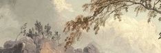 an image of a painting with mountains and trees in the backgrounnds