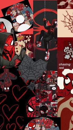 a collage of red and black images with spider - man on the front, one in