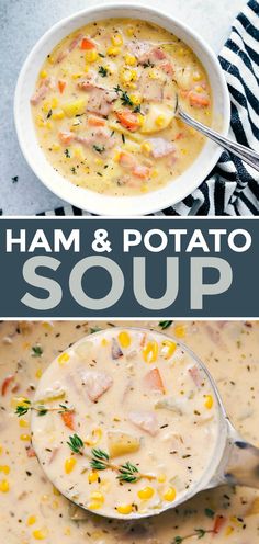 ham and potato soup in a white bowl with a spoon