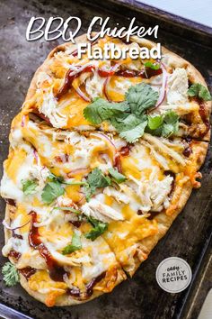 the flatbread pizza is topped with chicken, cheese and cilantro sauces