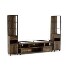 the entertainment center is made from wood and metal