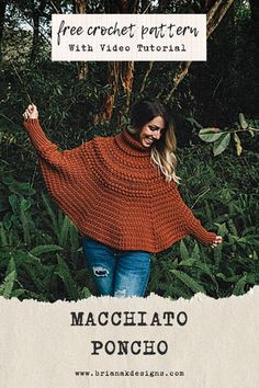 a woman wearing a red poncho with her arms in the air and text reading free crochet pattern with video instructions