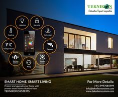 an advertisement for a smart home appliance in front of a modern house at night