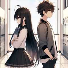 two anime characters standing in front of lockers