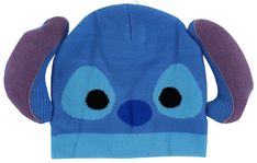 a blue beanie with ears and eyes on the front, sitting in front of a white background