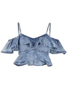 blue-grey cotton denim stonewashed cold-shoulder design ruffled detailing spaghetti straps rear zip fastening cropped