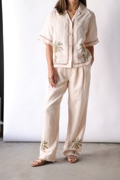 Alix of Bohemia Colette Sanded Palm Pant. 100% Linen Beige Embroidered Straight Pants, Embroidered Straight Beige Pants, Casual Embroidered Pants For Work, Embroidered Trousers For Work, Embroidered Wide Leg Workwear Bottoms, Embroidered Straight Leg Pants With Relaxed Fit, Embroidered Relaxed Fit Straight Leg Pants, Embroidered Straight Pants For Workwear, Alix Of Bohemia