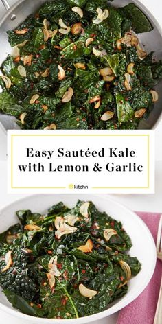 kale salad with lemon and garlic in a white bowl