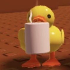 a yellow duck is holding a roll of toilet paper in its beak and drinking from a cup