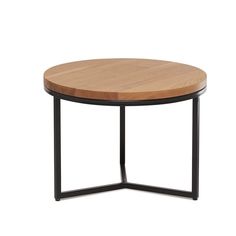 a round wooden table with black metal legs