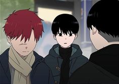 three young men standing next to each other in front of a train station with red hair