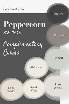 The image displays Peppercorn SW 7674 by Sherwin Williams alongside its complementary colors. Peppercorn adds bold depth, while Alabaster, Shoji White, and Greek Villa provide light, bright contrast. Sea Salt introduces a hint of color, with Iron Ore and Dovetail adding richness, and Pure White offering a crisp finish for trim or ceilings. This combination creates a modern and timeless feel. Coordinating Paint Colors, Kitchen Color Trends, Greek Villa, Shoji White, Greek Villas, Mudroom Design, Iron Ore