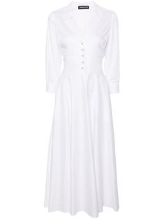 white cotton blend poplin texture notched collar front button placket three-quarter length sleeves buttoned cuffs rear elasticated waistband flared skirt detachable waist belt two side inset pockets unlined straight hem maxi Timeless White Spring Dresses, Elegant Button-up Cotton Maxi Dress, Elegant Cotton Button-up Maxi Dress, Classic White A-line Shirt Dress, Elegant Summer Shirt Dress With Pleated Waist, Fitted Maxi Dress With Button Cuffs For Daywear, Summer Office Midi Dress With Button Cuffs, Elegant White Shirt Dress With Placket, Summer Midi Dress With Button Cuffs For Office