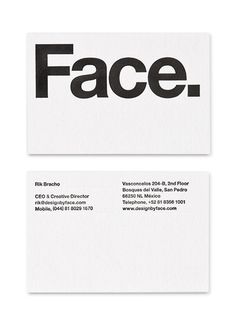 two black and white business cards with the word face written on them, both in different font