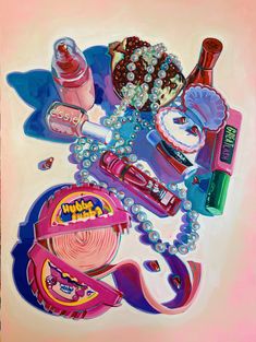 a painting of cosmetics and other items on a pink background, including pearls, beads, lipstick, necklaces