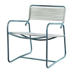 a blue and white chair sitting on top of a metal frame