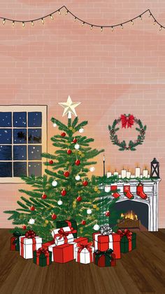 a christmas tree with presents in front of a fireplace