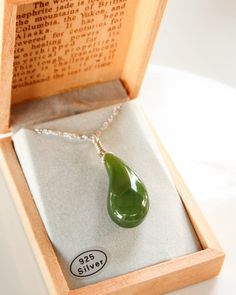 "Here is an absolutely captivating green jade rain drop pendant, hand carved using gem quality, A grade nephrite jade from the northern mountains of British Columbia. This pendant measures approx. 1 1/4\". Buffed to a high polish so the surface is buttery smooth. Nephrite is a protective and healing stone, making it the perfect gift for your loved ones. Stone & Dimensions: 15x30mm Setting: 925 sterling silver or 14K yellow gold fill Chain length: available in 16\" to 20\". Please choose your Green Jade Teardrop Pendant Jewelry, Heart Chakra Healing, Healing Heart, Carved Jade, Nephrite Jade, Jade Carving, Baby Oil, Jade Pendant, Green Jade