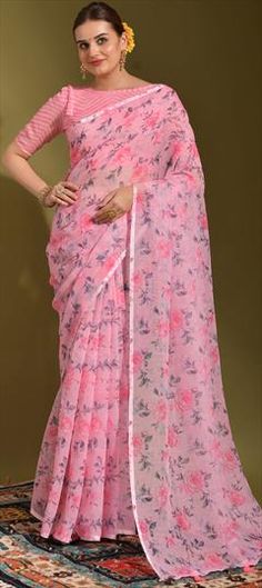 Pink and Majenta color Saree in Linen fabric with Printed work Printed Pink Saree, Festive Pink Printed Saree, Printed Motifs Fabric For Festivals, Pink Floral Print Saree For Spring, Spring Floral Print Pink Saree, Party Wear Traditional, Latest Indian Saree, Indian Sarees Online, Casual Saree