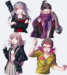 four anime characters wearing scarves and jackets, one is pointing at the camera while the other